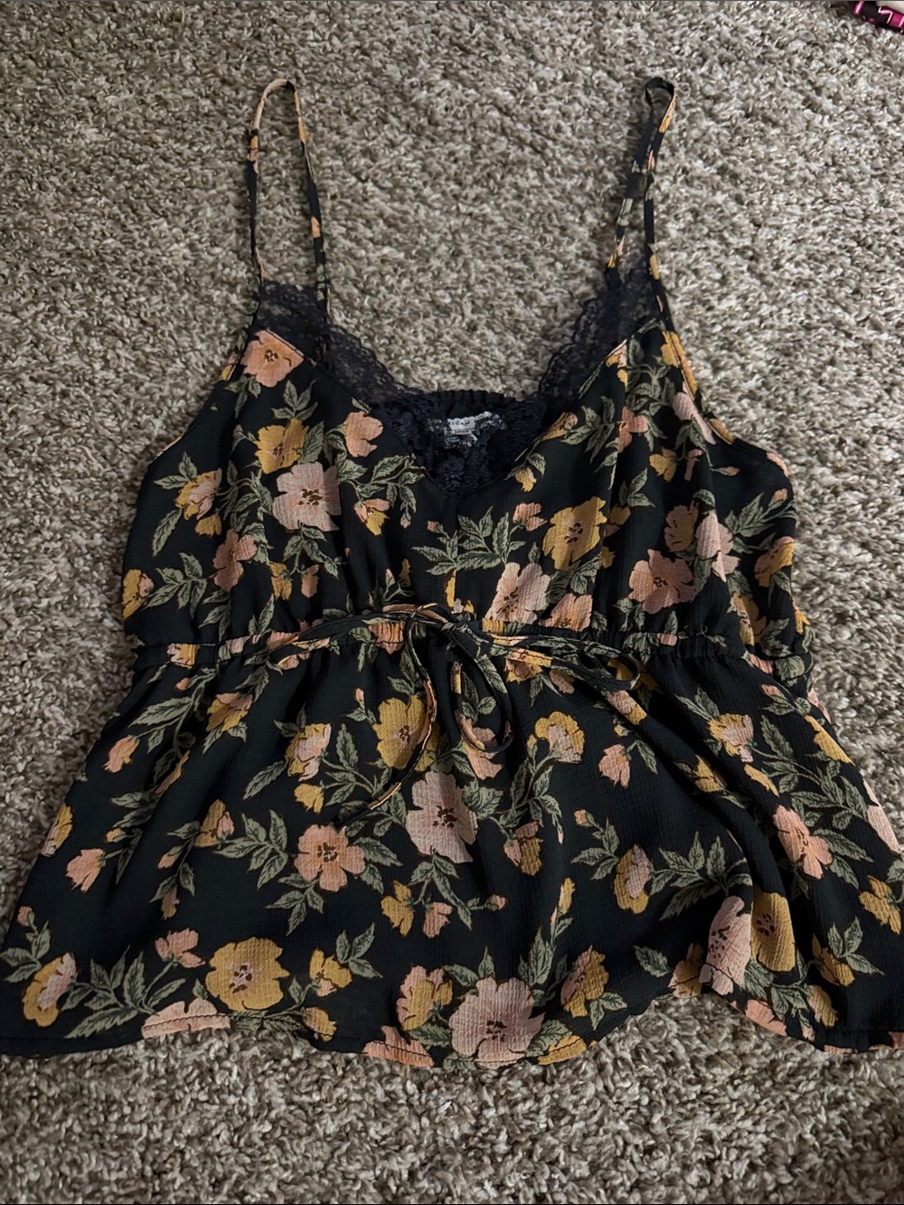 American Eagle Outfitters Black Floral Lace-Trim Peplum Camisole